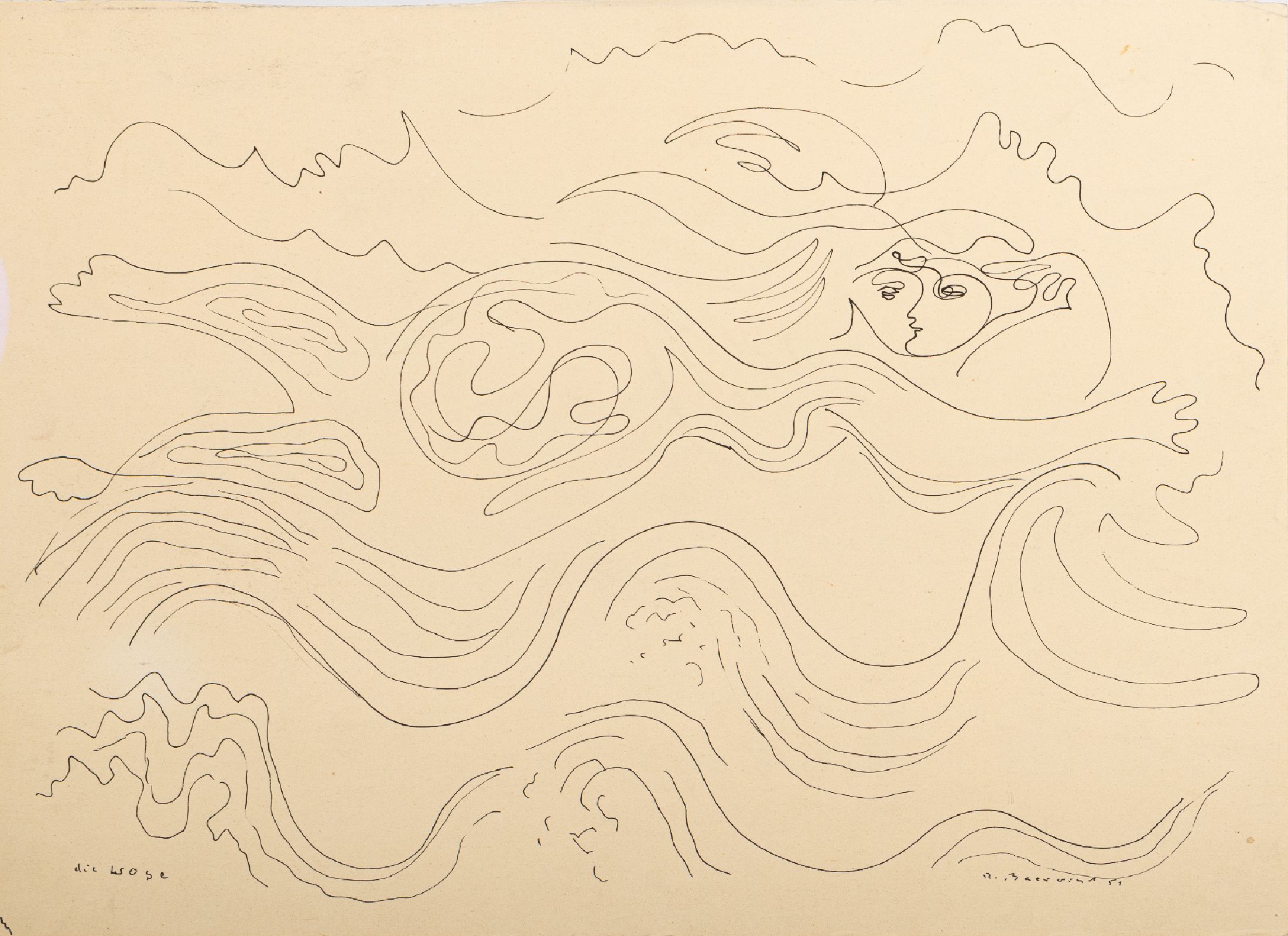 Rudi Baerwind, 1912-1982 Mannheim, Studium in Berlin, München und Paris, Schüler von Fernand Leger, 3 Tuschezeichnungen, "Die Woge"37x51 ...