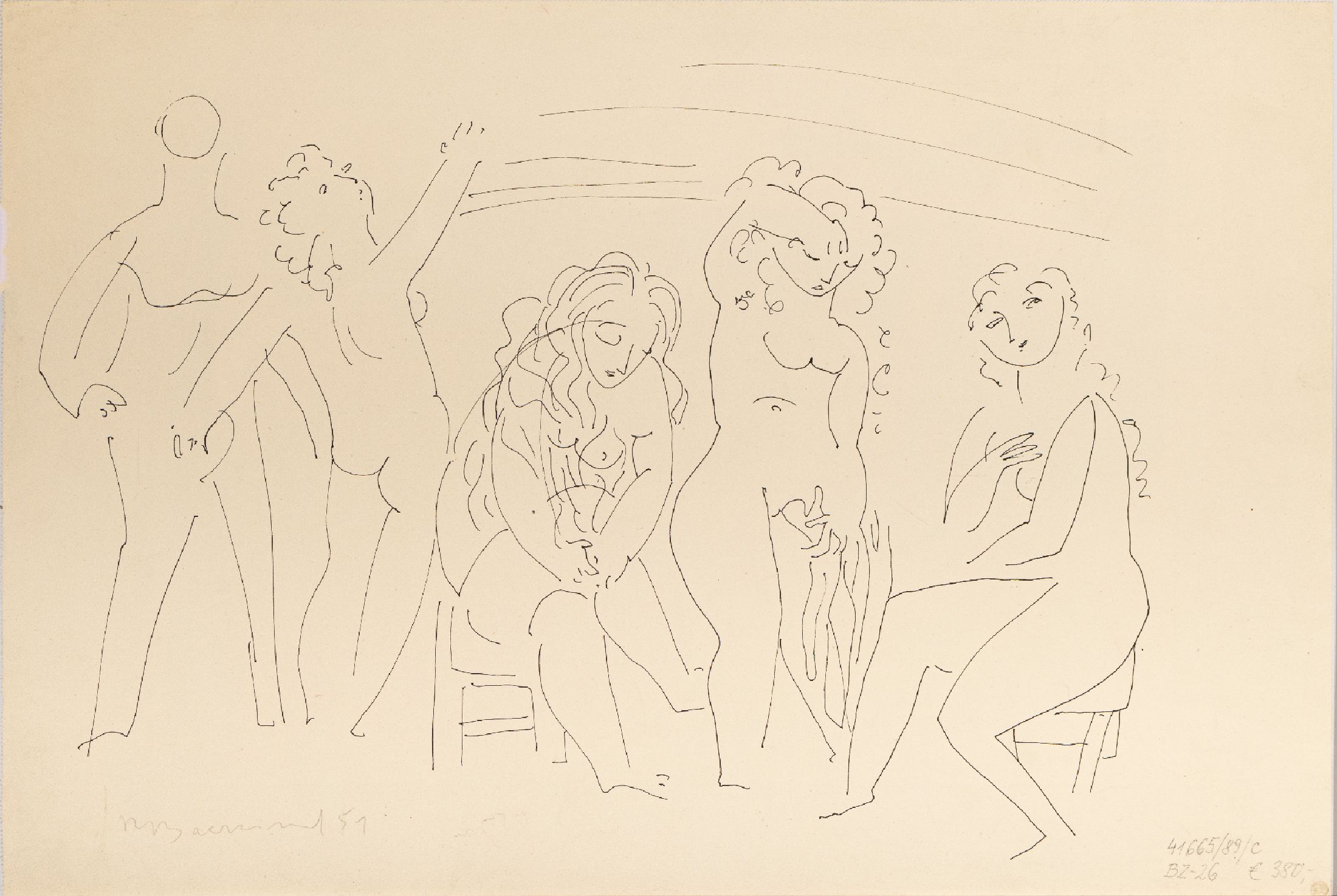 Detail e: Rudi Baerwind, 1912-1982 Mannheim, Studium in Berlin, München und Paris, Schüler von Fernand Leger, 3 Tuschezeichnungen, "Die Woge"37x51 ...