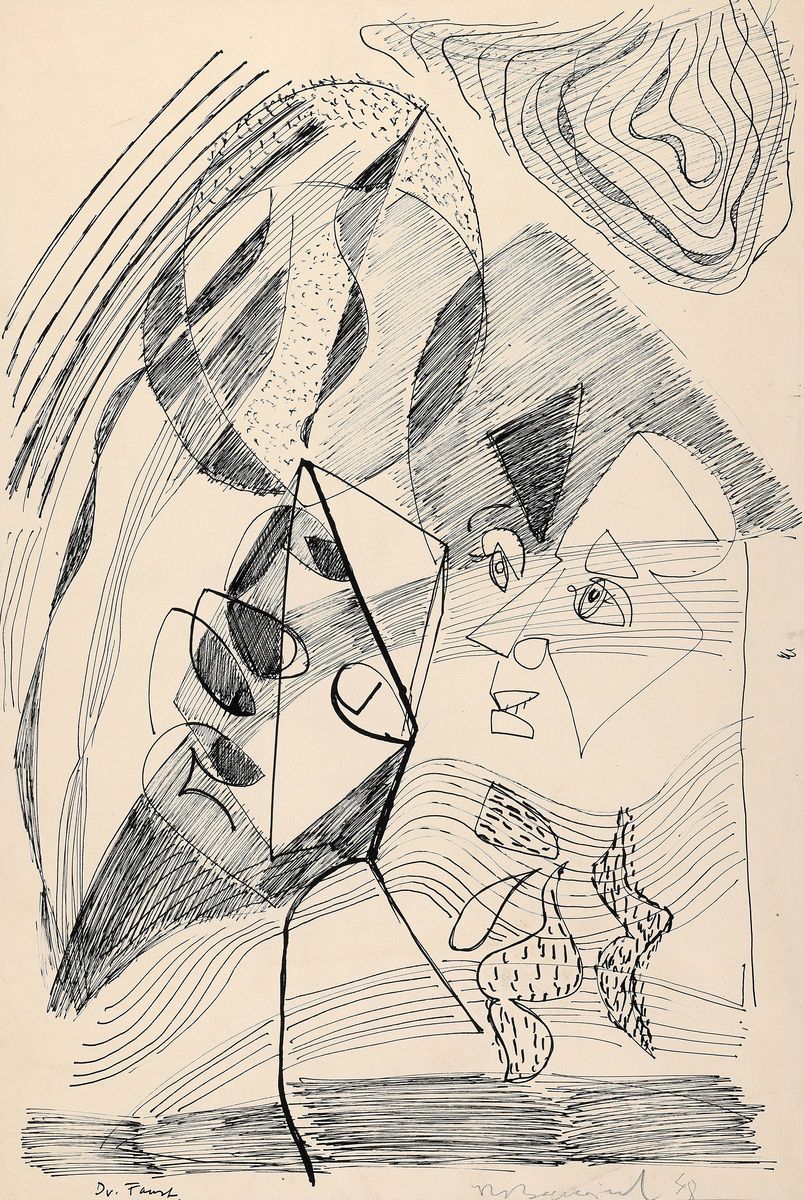 Rudi Baerwind, 1912-1982 Mannheim, Studium in Berlin, München und Paris, Schüler von Fernand Leger, Tuschezeichnung, "Dr. Faust" sobez., ...