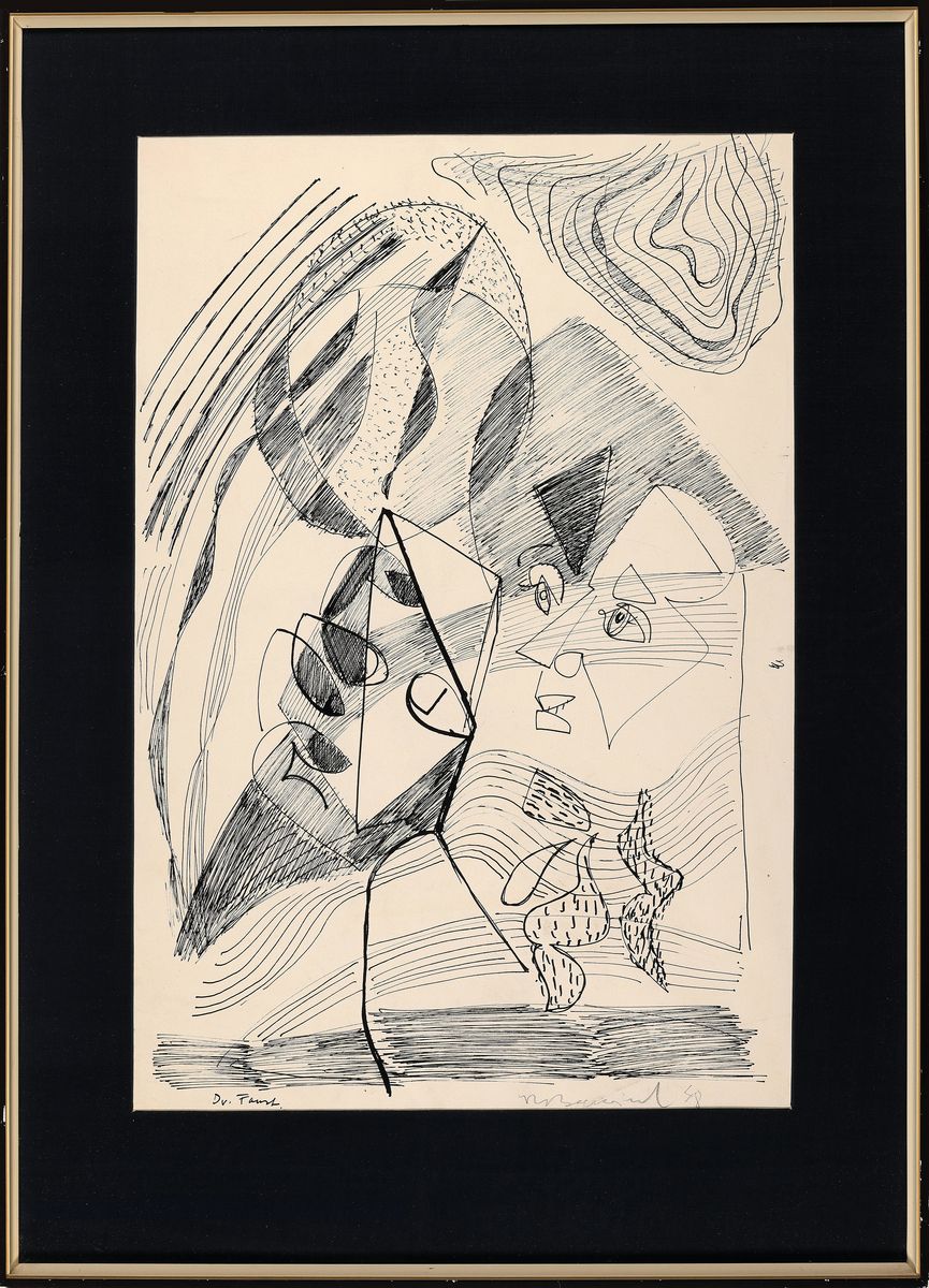 Detail k: Rudi Baerwind, 1912-1982 Mannheim, Studium in Berlin, München und Paris, Schüler von Fernand Leger, Tuschezeichnung, "Dr. Faust" sobez., ...