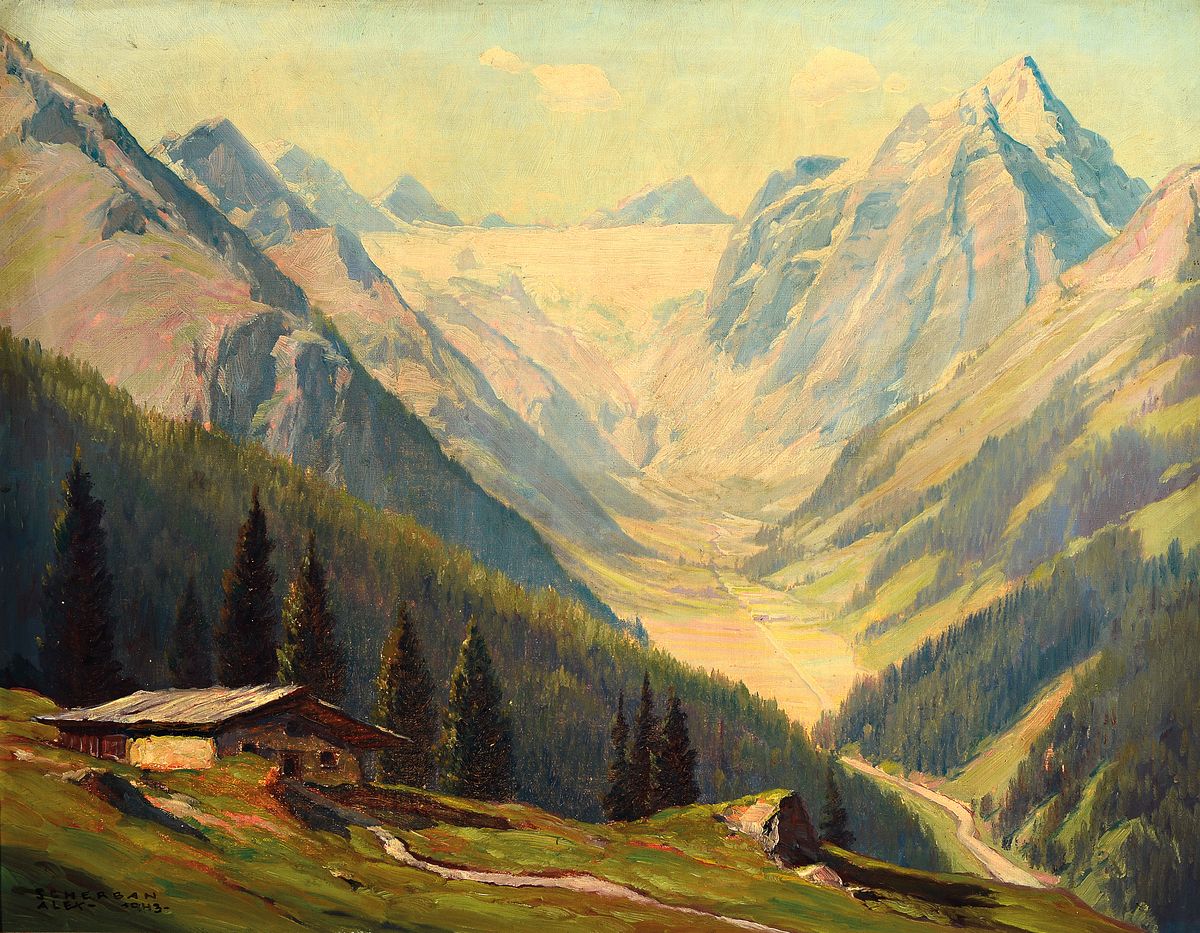 Alexander Scherban, 1886 Wien - 1964 Nürnberg , Studium an der Wiener Kunstgewerbeschule und an der Akademie München, Alpenlandschaft, Blick wohl ...