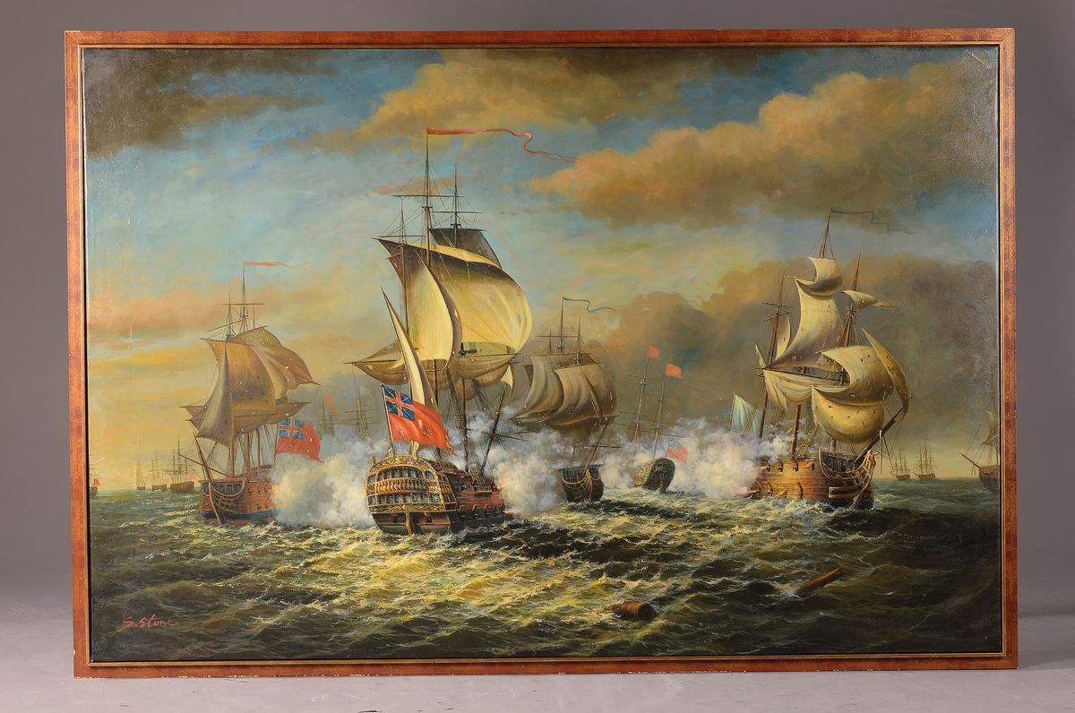 Detail k: S. Stone, Traditionalist, 20. Jh., Seeschlacht des 18.Jh., britische Schiffe mit der Red Ensign-Flagge im Gefecht, Öl/Lwd, links unten signiert, ca. ...