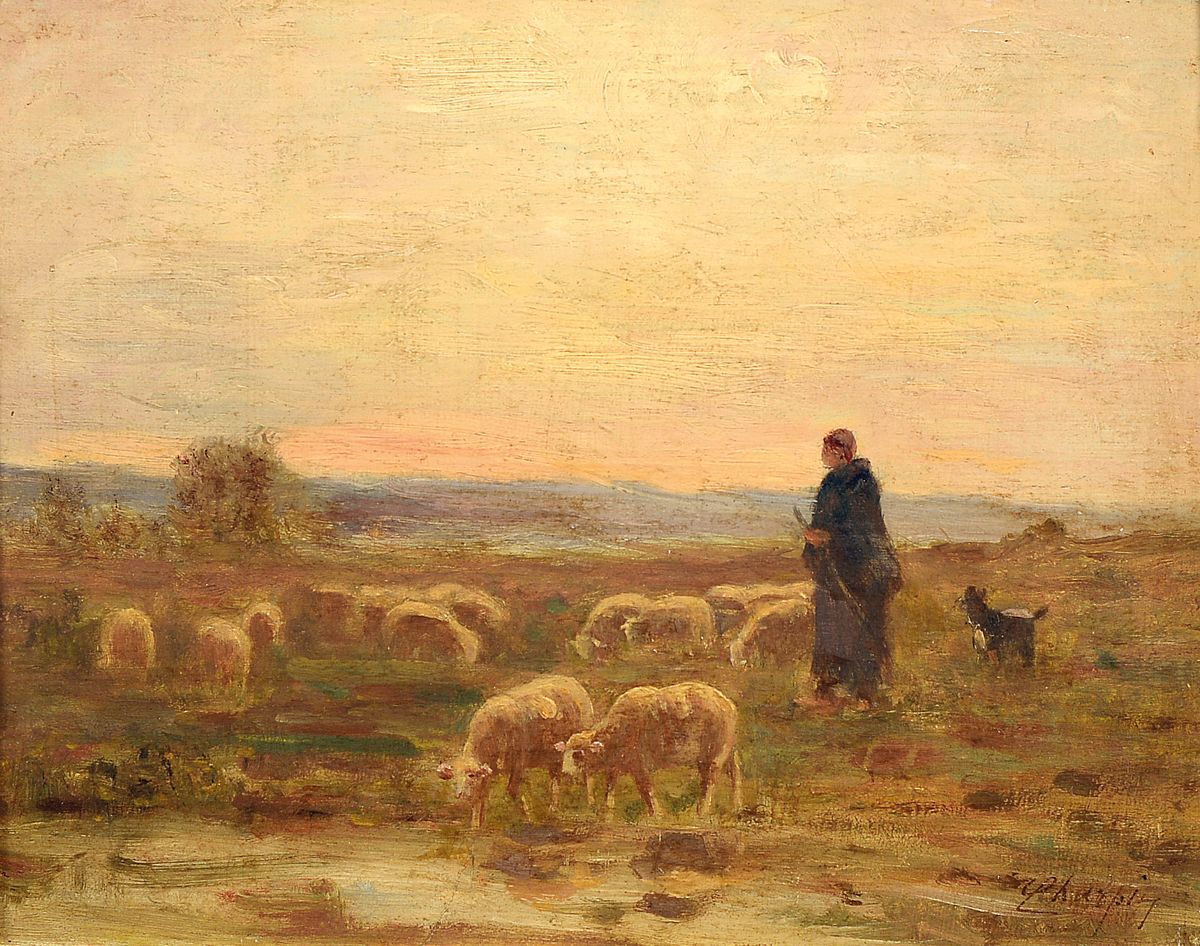 Albert Charpin, 1842 Grasse-1924 Asnieres-sur-Seine, Schäfer mit seiner Herde, Öl/Holz, rechts unten signiert, ca. 19x24cm, R. ca. 30x36cm