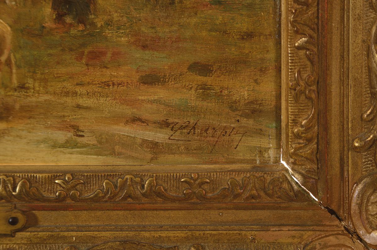 Detail a: Albert Charpin, 1842 Grasse-1924 Asnieres-sur-Seine, Schäfer mit seiner Herde, Öl/Holz, rechts unten signiert, ca. 19x24cm, R. ca. 30x36cm