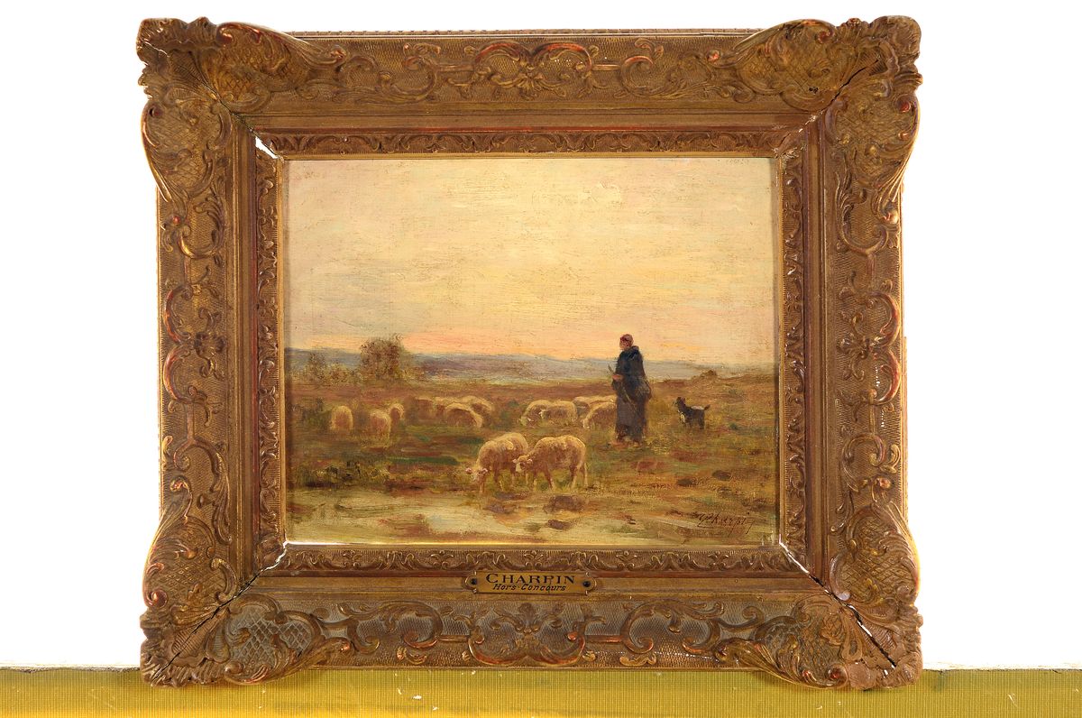 Detail k: Albert Charpin, 1842 Grasse-1924 Asnieres-sur-Seine, Schäfer mit seiner Herde, Öl/Holz, rechts unten signiert, ca. 19x24cm, R. ca. 30x36cm