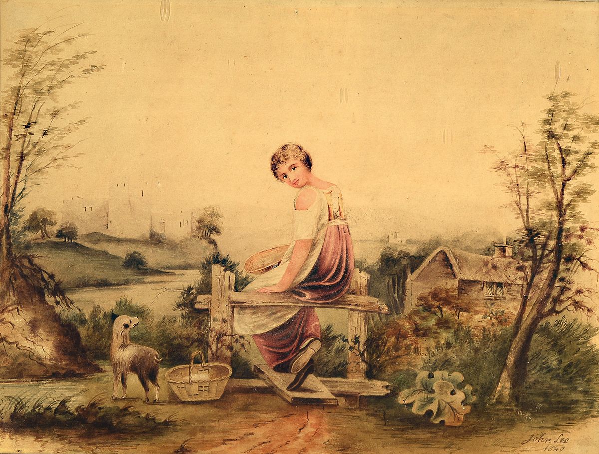 John Lee, datiert 1840, Junge Frau auf einer Bank sitzend und sich dem Betrachter zuwendend, im Hintergrund Landschaft mit Burg, Aquarell auf Papier, ...