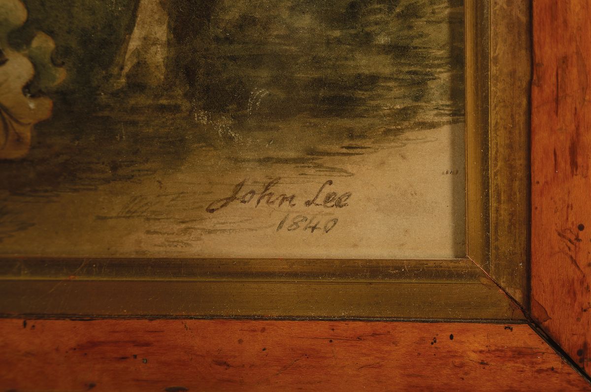 Detail a: John Lee, datiert 1840, Junge Frau auf einer Bank sitzend und sich dem Betrachter zuwendend, im Hintergrund Landschaft mit Burg, Aquarell auf Papier, ...