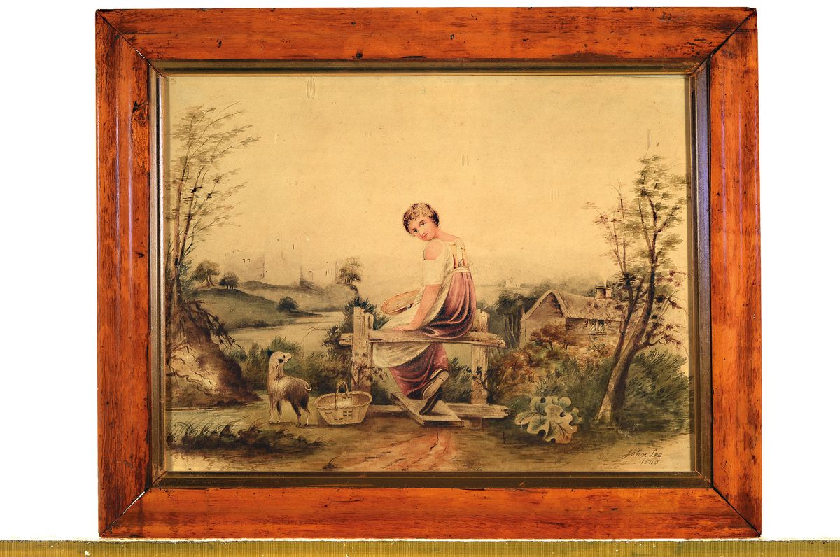 Detail k: John Lee, datiert 1840, Junge Frau auf einer Bank sitzend und sich dem Betrachter zuwendend, im Hintergrund Landschaft mit Burg, Aquarell auf Papier, ...