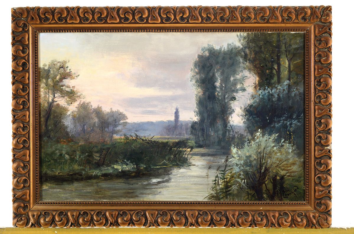 Detail k: Adam Leonhard, 1876 Bühl-1926 Rastatt, Flußauenlandschaft, Öl/Lwd, rechts unten signiert, ca. 36x57cm, R. ca. 46x66cm