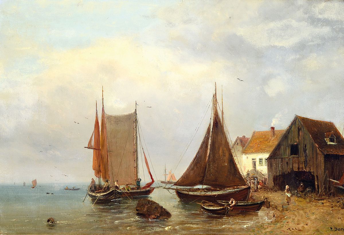 Robert Danz, 1841 Oberweißbach-1916 Bad Kreuznach, Studium an der Akademie Weimar, Segelboote am Strand, Öl/Lwd, rechts unten signiert, ca. ...