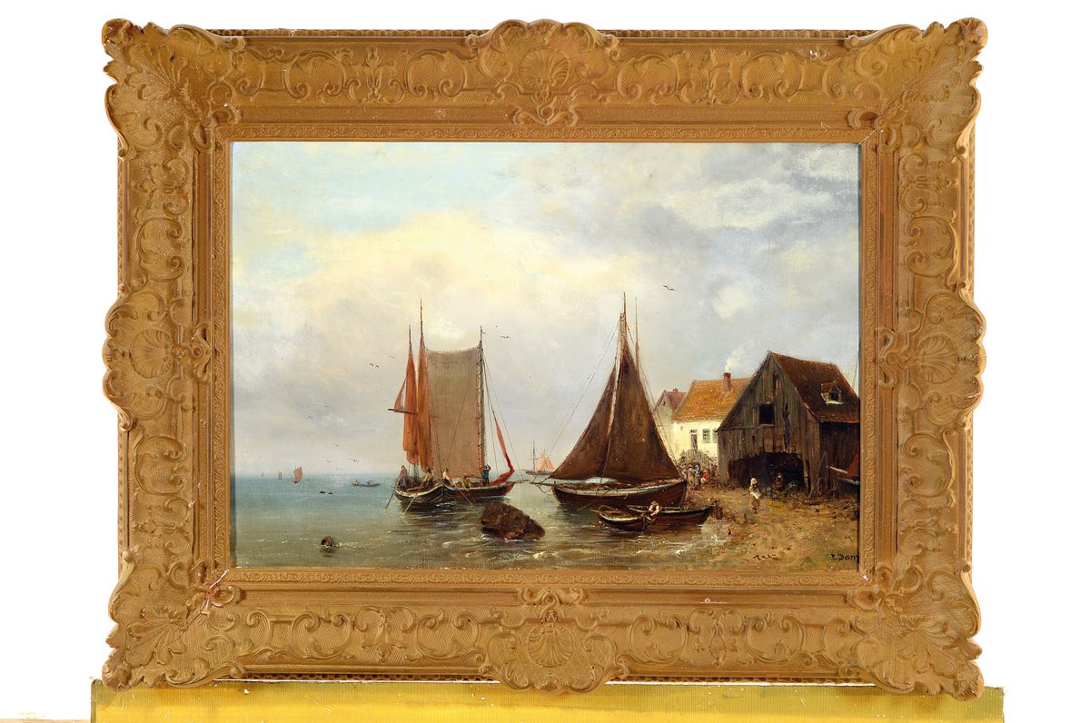 Detail k: Robert Danz, 1841 Oberweißbach-1916 Bad Kreuznach, Studium an der Akademie Weimar, Segelboote am Strand, Öl/Lwd, rechts unten signiert, ca. ...