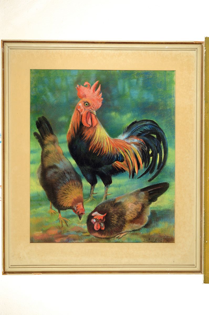 Detail k: Irmgard Münch-Vieritz, 1907 Dasel-1985 Karlsruhe, entwickelte Tierfiguren für Meissen, Rosenthal und die Karlsruher Majolika, hier: Hahn mit zwei ...
