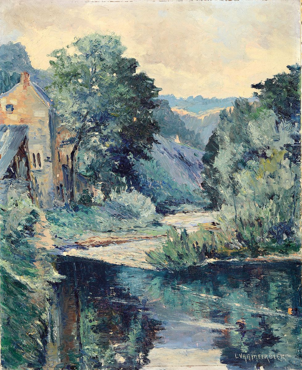 Louis van Meerbeck, geb. 1875, Blick in ein Flusstal, seitlich ein Gebäude, Öl/Lwd, expressionistische Malweise, rechts unten signiert, ca. 51x41cm