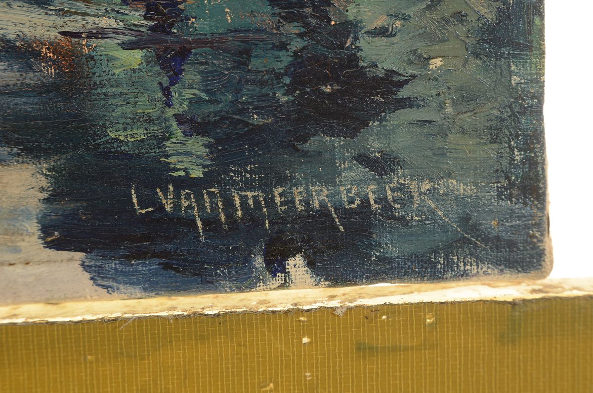 Detail a: Louis van Meerbeck, geb. 1875, Blick in ein Flusstal, seitlich ein Gebäude, Öl/Lwd, expressionistische Malweise, rechts unten signiert, ca. 51x41cm