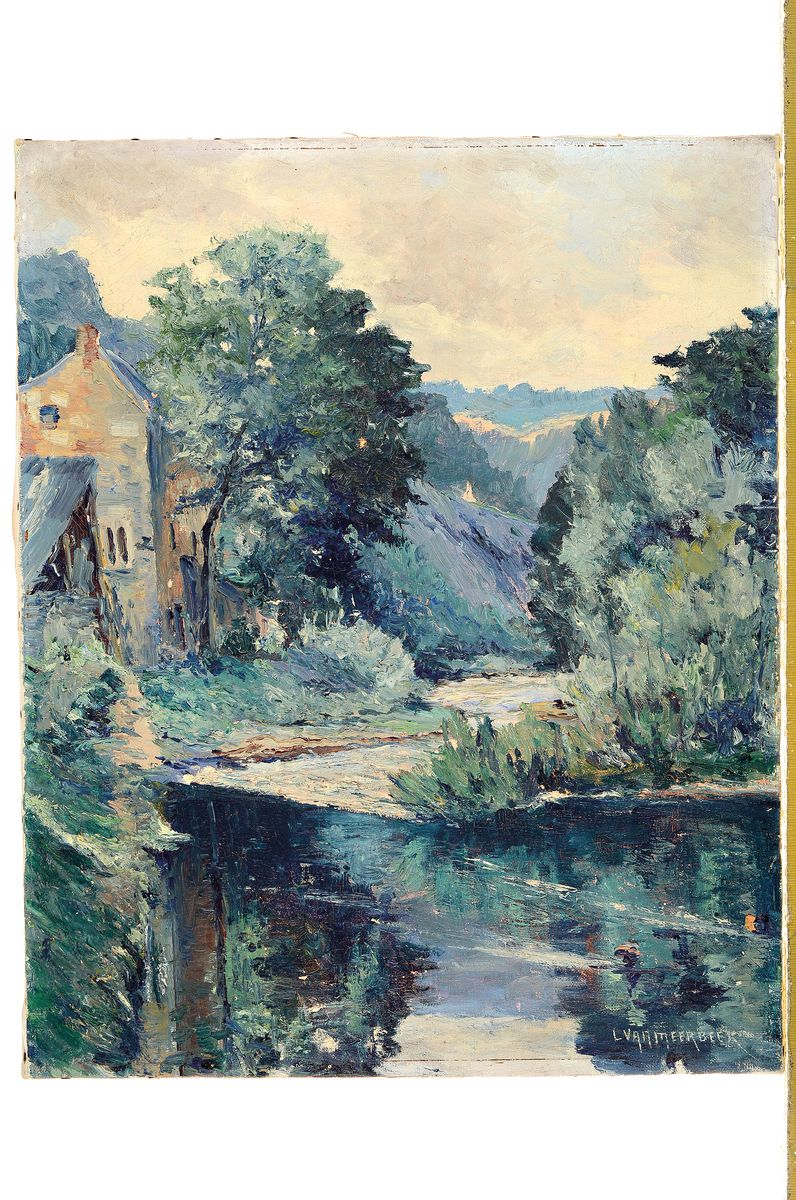 Detail k: Louis van Meerbeck, geb. 1875, Blick in ein Flusstal, seitlich ein Gebäude, Öl/Lwd, expressionistische Malweise, rechts unten signiert, ca. 51x41cm