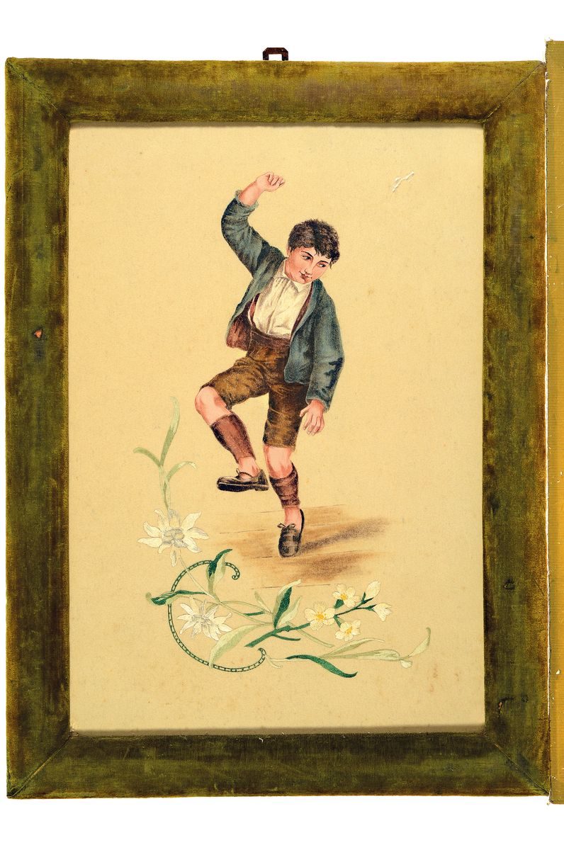Detail k: Unbekannter Künstler, süddeutsch, um 1890-1900, tanzender Junge, Gouache auf Stoff, darunter gesticktes Edelweiss-Ornament, ca. 62x42cm, u.Gl., mit ...