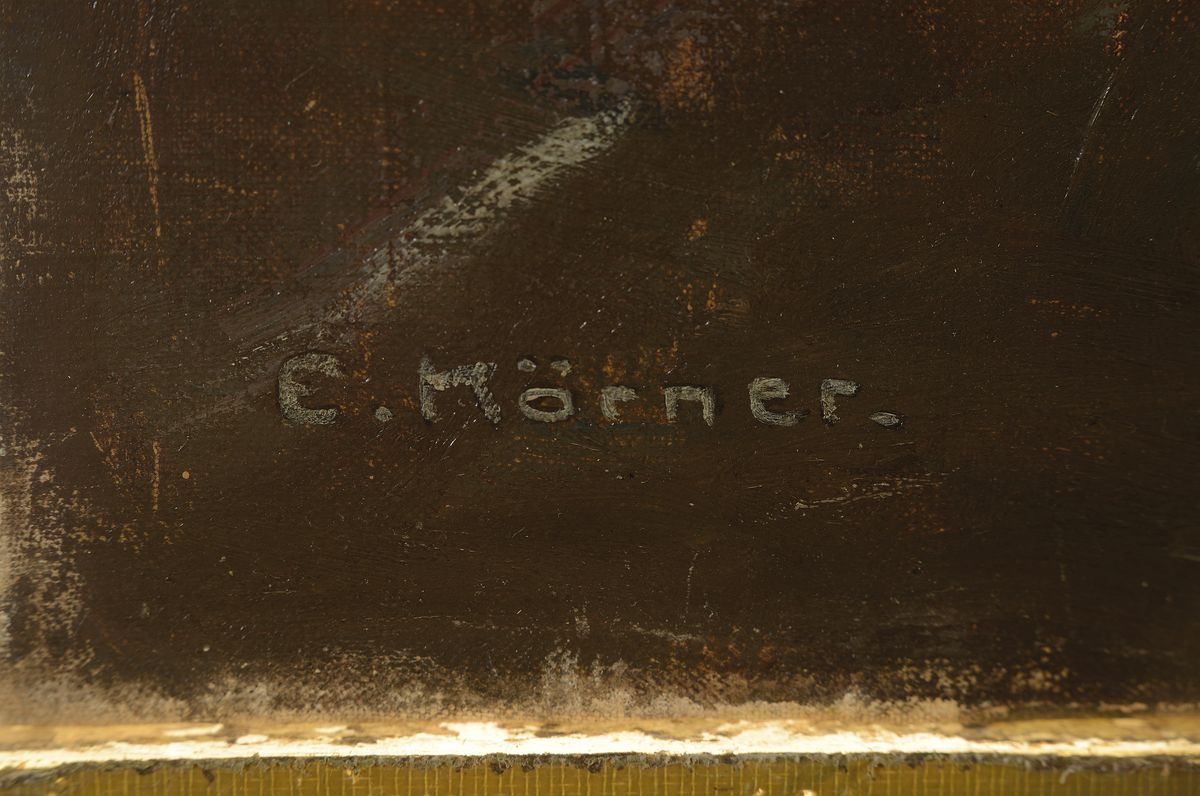 Detail a: E. Mörner, Künstler der 1.H. des 20.Jh., winterliche Parklandschaft am Stadtrand, von Weiden gesäumter Weg, Paar Flaneure als mittelgründige ...