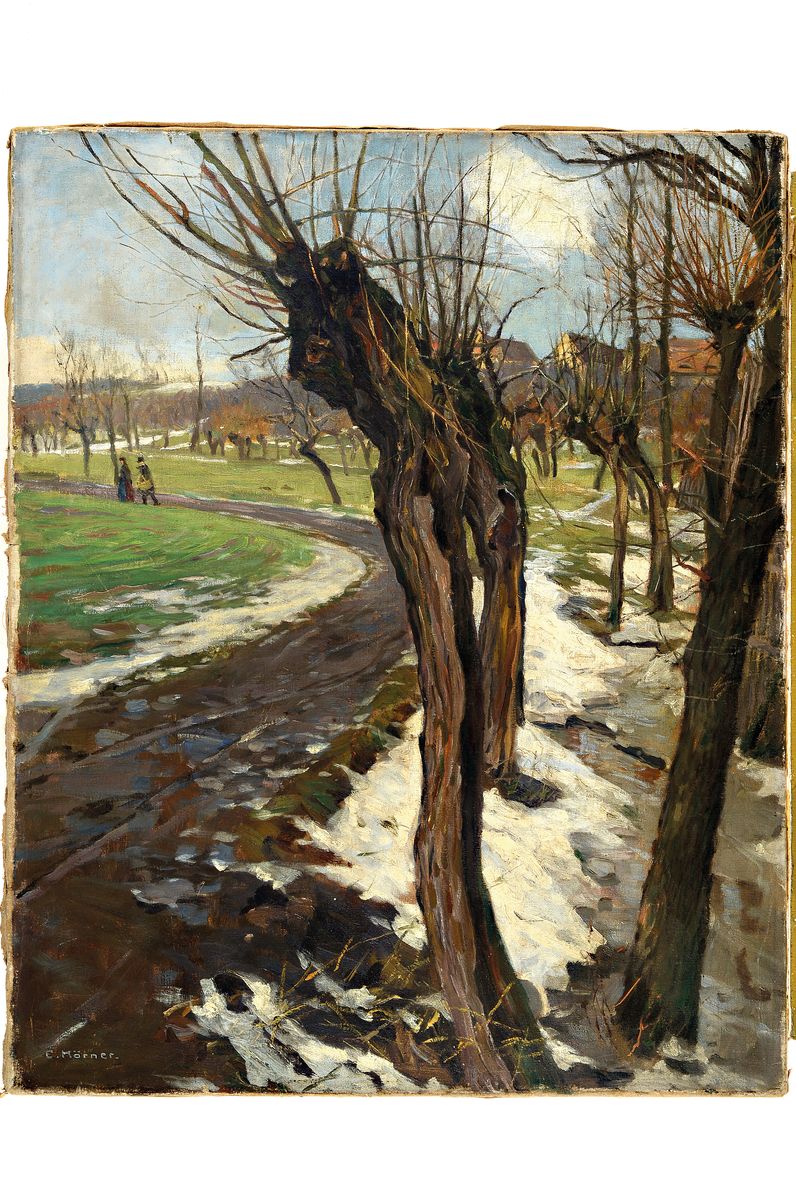 Detail k: E. Mörner, Künstler der 1.H. des 20.Jh., winterliche Parklandschaft am Stadtrand, von Weiden gesäumter Weg, Paar Flaneure als mittelgründige ...