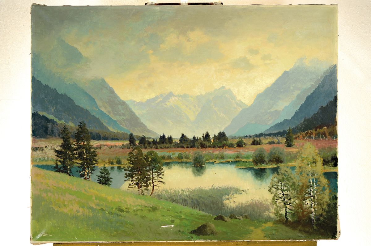 Detail k: Josef Süssmeier, 1896 Rohr-1971 München, Vorgebirgslandschaft mit See und Baumgruppen, Öl/Lwd, links unten sign. Yos München, ca. 70x90cm, mittig ...