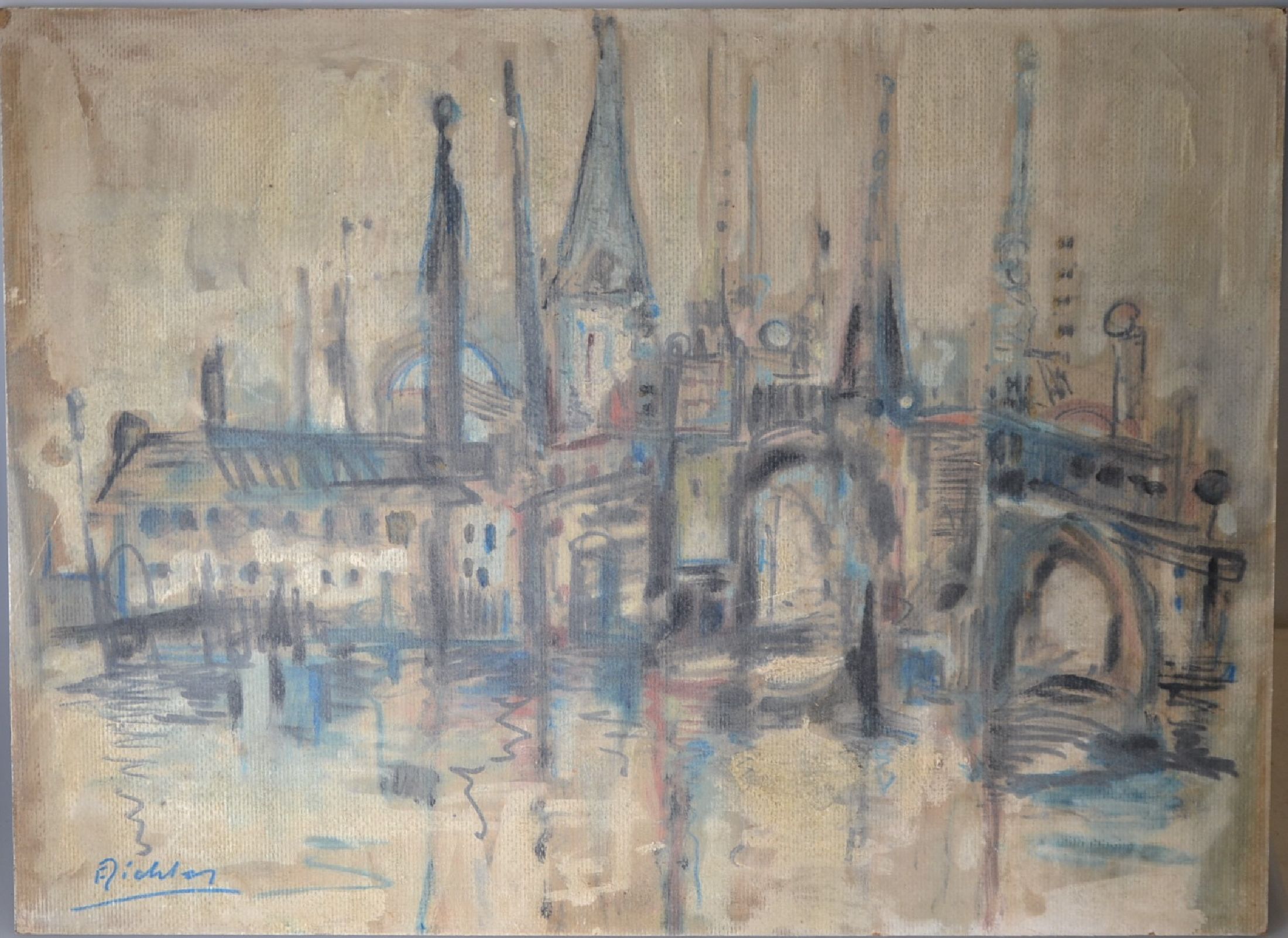 Franz Richter, geb. 1921 Frankfurt am Main, Ausbildung in Frankfurt, Mitglied der Gruppe Junge Kunst und der Gruppe 57, hier: Blick auf Stadt und ...
