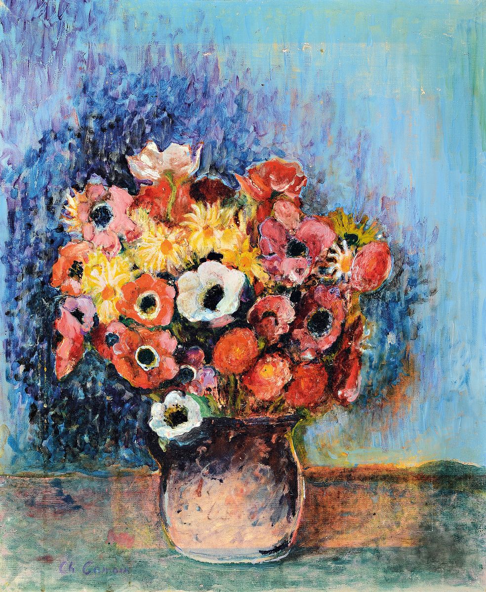Ch. Camoin, wohl frz. Malerei aus den 1950er Jahren, Blumenstillleben, Öl/Lwd, rest., links unten signiert, mittig oben mehrere kleine Lwd-Schäden, ...