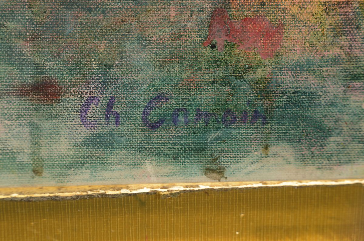 Detail a: Ch. Camoin, wohl frz. Malerei aus den 1950er Jahren, Blumenstillleben, Öl/Lwd, rest., links unten signiert, mittig oben mehrere kleine Lwd-Schäden, ...