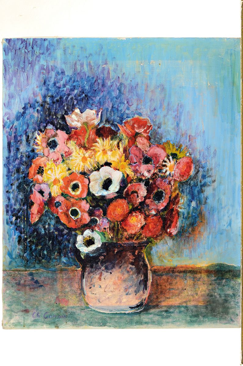 Detail k: Ch. Camoin, wohl frz. Malerei aus den 1950er Jahren, Blumenstillleben, Öl/Lwd, rest., links unten signiert, mittig oben mehrere kleine Lwd-Schäden, ...