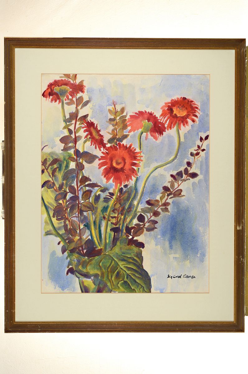 Detail k: Sigurd Lange, 1904 Berlin-2000 Pfullendorf, Blumenstillleben, Aquarell auf Papier, rechts unten signiert, ca. 63x49cm, PP, u.Gl., R. ca.85x69cm