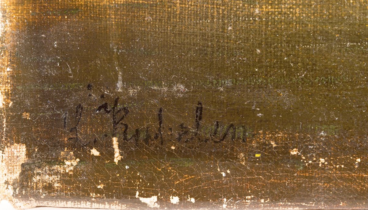 Detail a: L. Rudislen, ungedeutet, Mitte 19.Jh., romantische Rheinlandschaft, Blick über den Rhein wohl auf St. Goarhausen, belebt u. in die Tiefe gestaffelt ...
