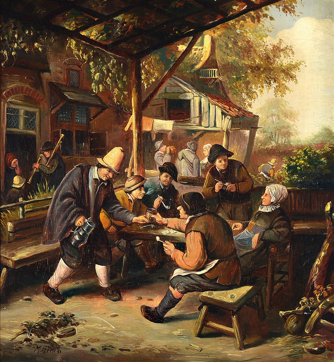M. Adam, Maler um 1910-20, Gesellige Runde im Biergarten, Öl/Lwd, links unten signiert, ca. 55x50cm, R. ca. 75x70cm