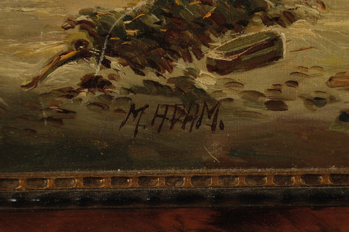 Detail a: M. Adam, Maler um 1910-20, Gesellige Runde im Biergarten, Öl/Lwd, links unten signiert, ca. 55x50cm, R. ca. 75x70cm