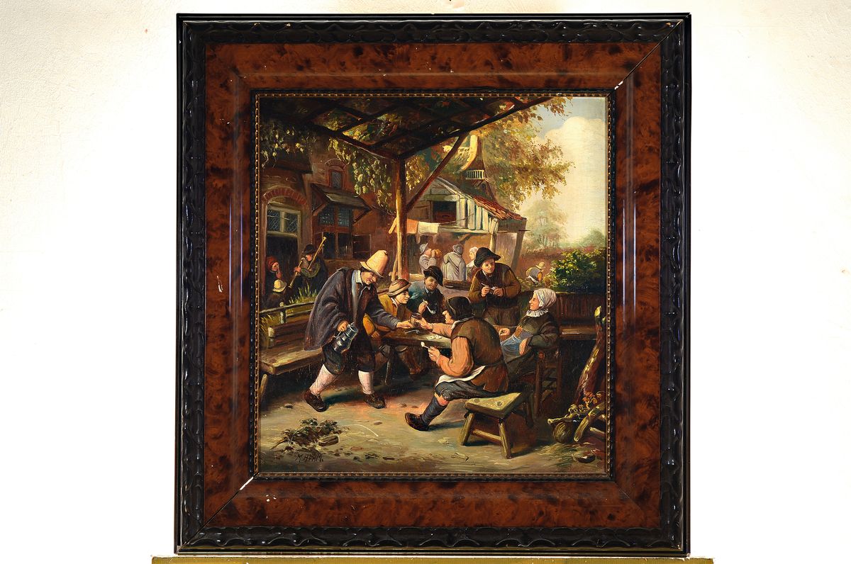 Detail k: M. Adam, Maler um 1910-20, Gesellige Runde im Biergarten, Öl/Lwd, links unten signiert, ca. 55x50cm, R. ca. 75x70cm