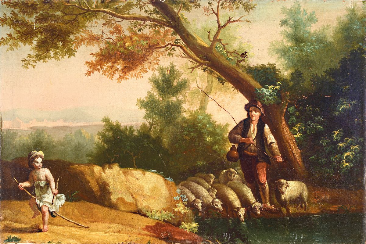 Unbekannter Künstler, um 1830, Schäfer mit seinen Tieren am Ufer, seitlich links Amor, Öl/Lwd, rest., doubl., ca. 49x74cm, rückseitig altes ...