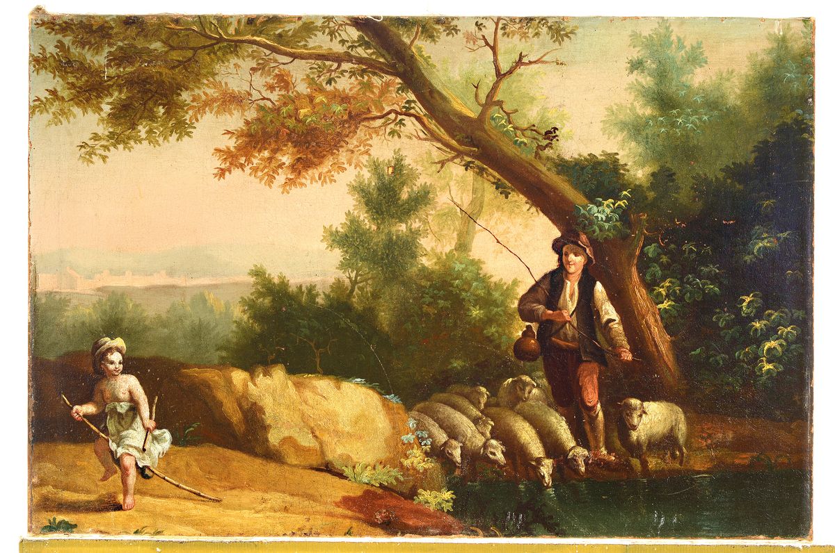 Detail k: Unbekannter Künstler, um 1830, Schäfer mit seinen Tieren am Ufer, seitlich links Amor, Öl/Lwd, rest., doubl., ca. 49x74cm, rückseitig altes ...