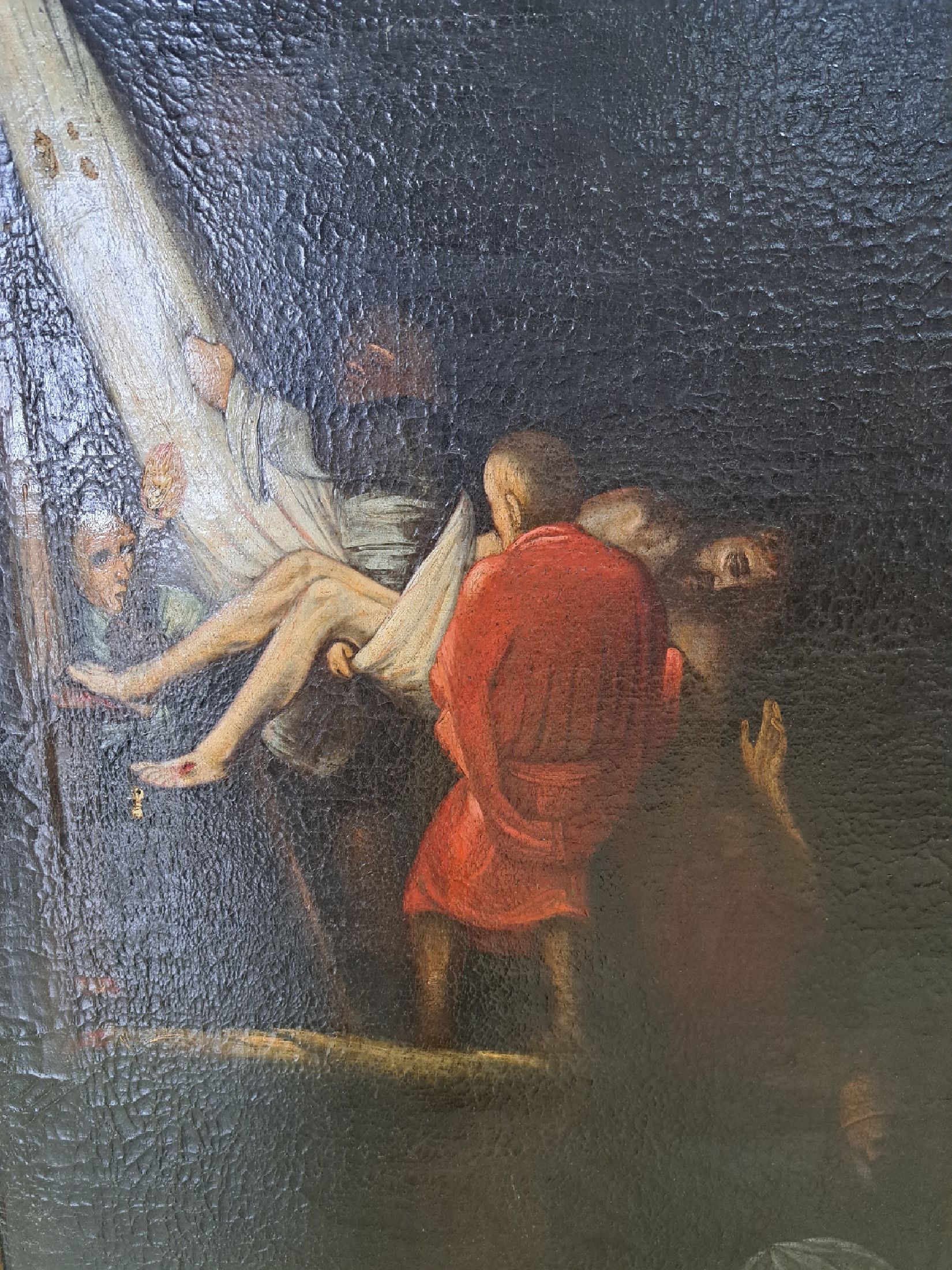 Detail b: Unbekannter Künstler des 18. Jh., Kreuzabnahme, Öl/Lwd, mit mehreren kleinen Leinwandschäden, restaurierungsbedürftig, krakeliert, ca. 89x61cm