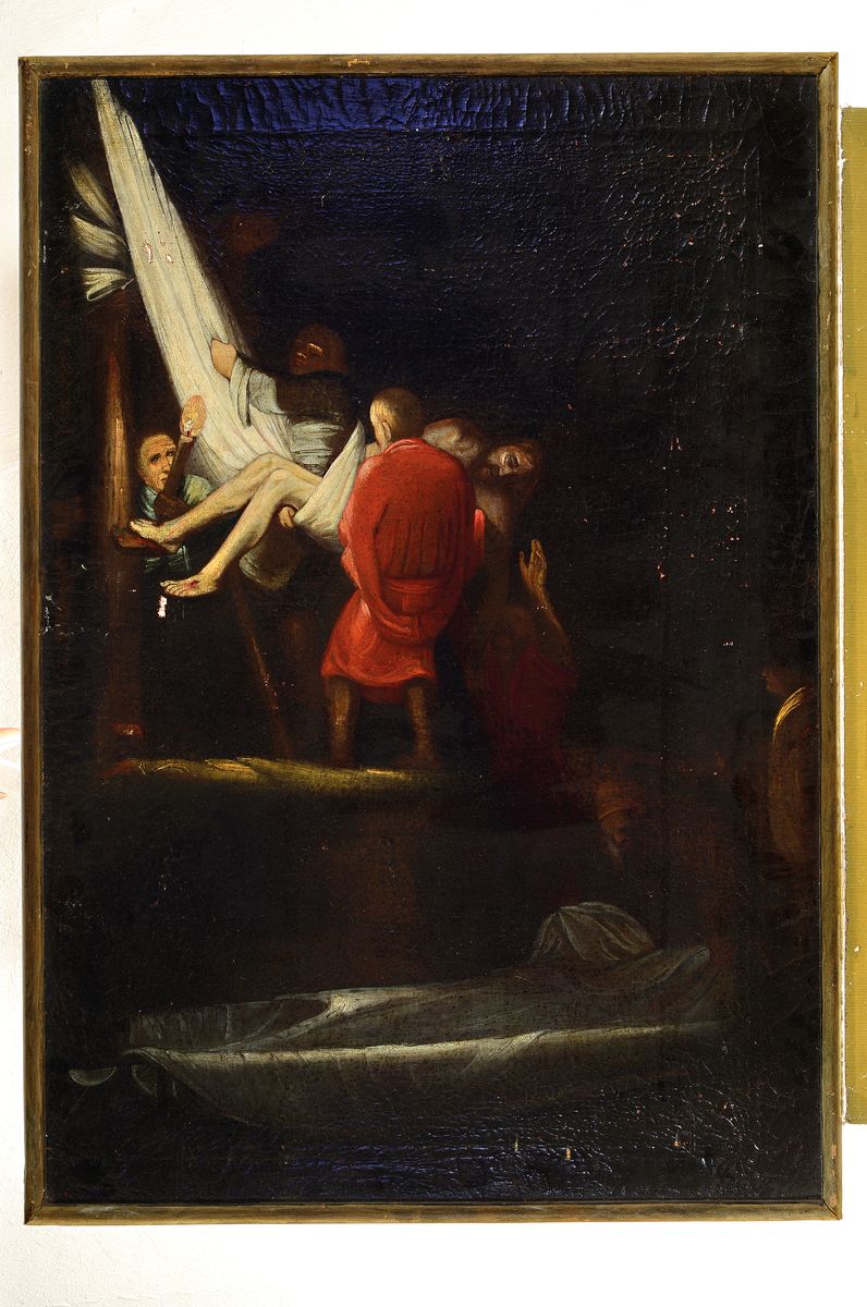 Detail k: Unbekannter Künstler des 18. Jh., Kreuzabnahme, Öl/Lwd, mit mehreren kleinen Leinwandschäden, restaurierungsbedürftig, krakeliert, ca. 89x61cm