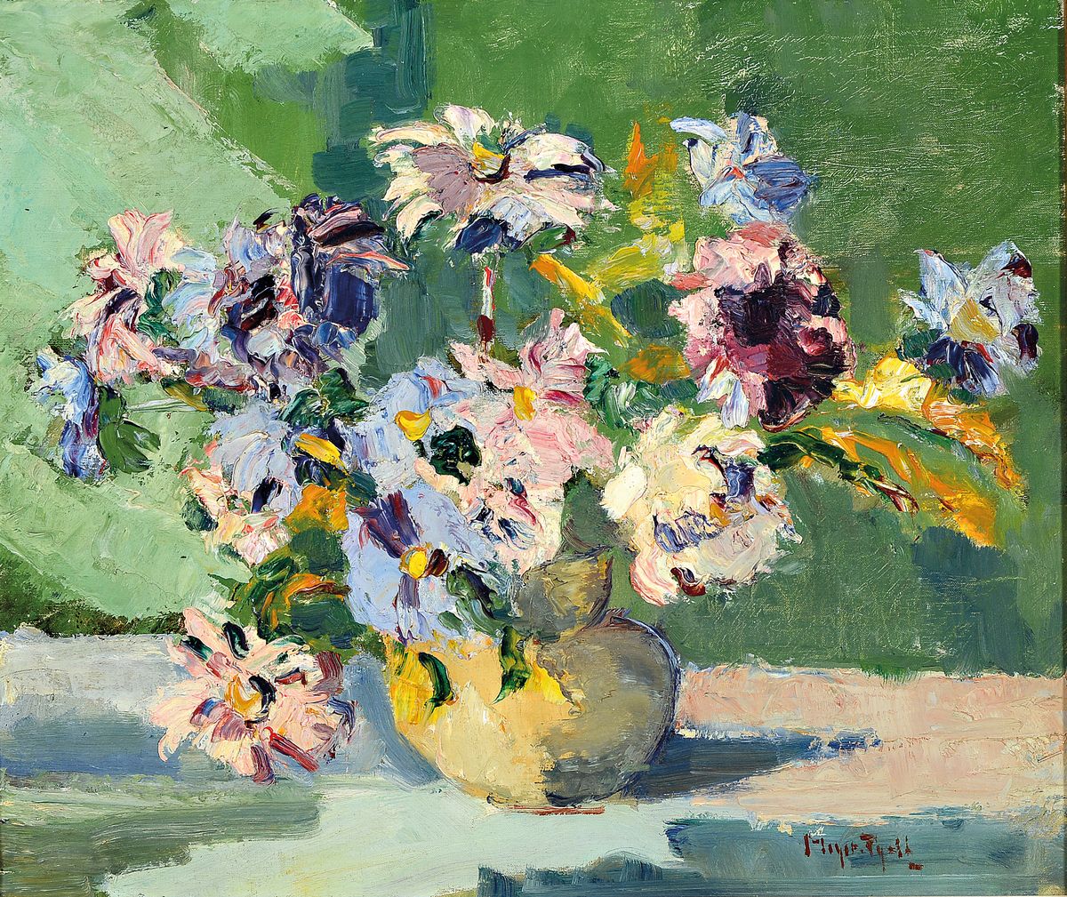 Martin Meyer-Pyritz, 1870 Pyritz-1942 Berlin , Studium an der Akademie Berlin, pastoses Blumenstillleben, signiert, Öl/Lwd, Rahmen, 52x59 cm