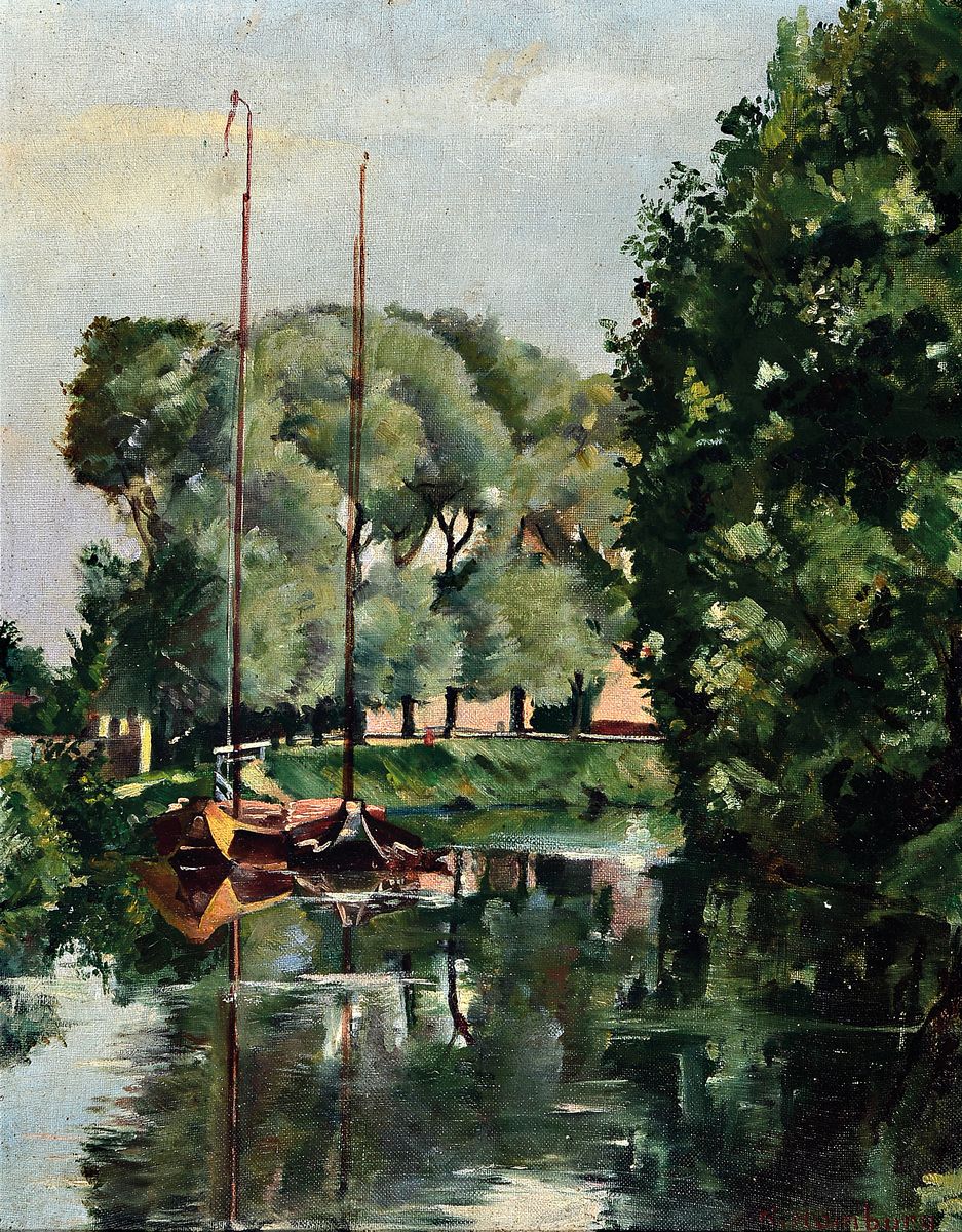 Karl Homburg, geb. 1874, Flusslandschaft, grün bewachsener Kanal mit angelegten Booten, signiert, Öl/Karton, Rahmen, 54x43 cm
