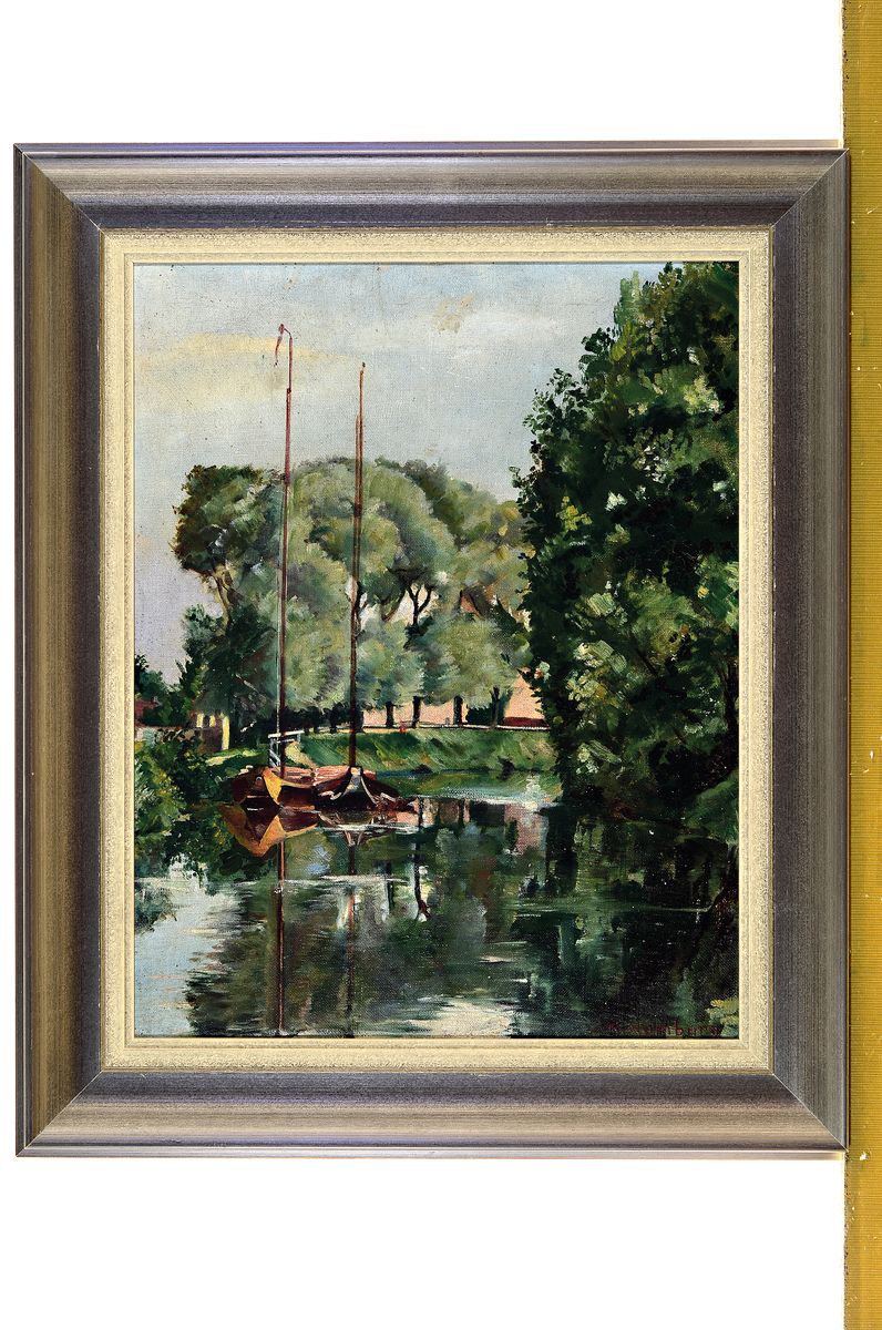 Detail k: Karl Homburg, geb. 1874, Flusslandschaft, grün bewachsener Kanal mit angelegten Booten, signiert, Öl/Karton, Rahmen, 54x43 cm