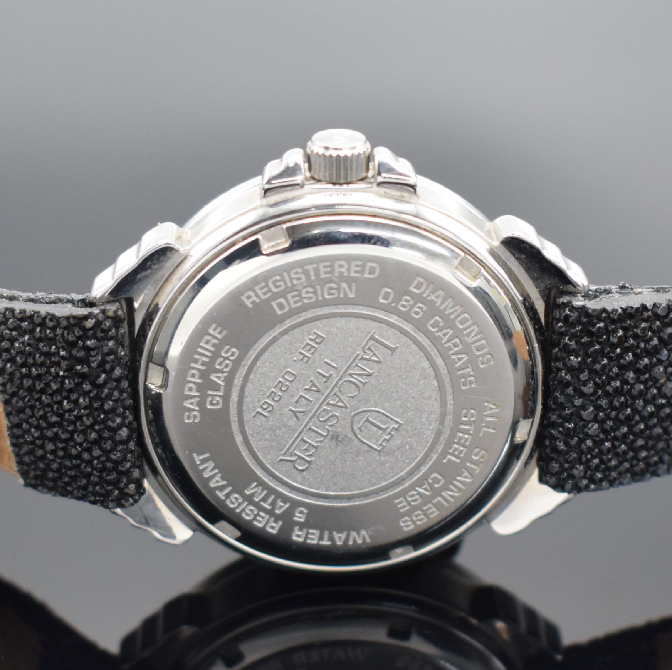 Detail d: LANCASTER Damenarmbanduhr in Stahl Referenz 0226L, Italien um 2000, quarz, Boden geschr., orig. Lederband m. orig. dopp. Faltschl., Lünette aufw. m. ...