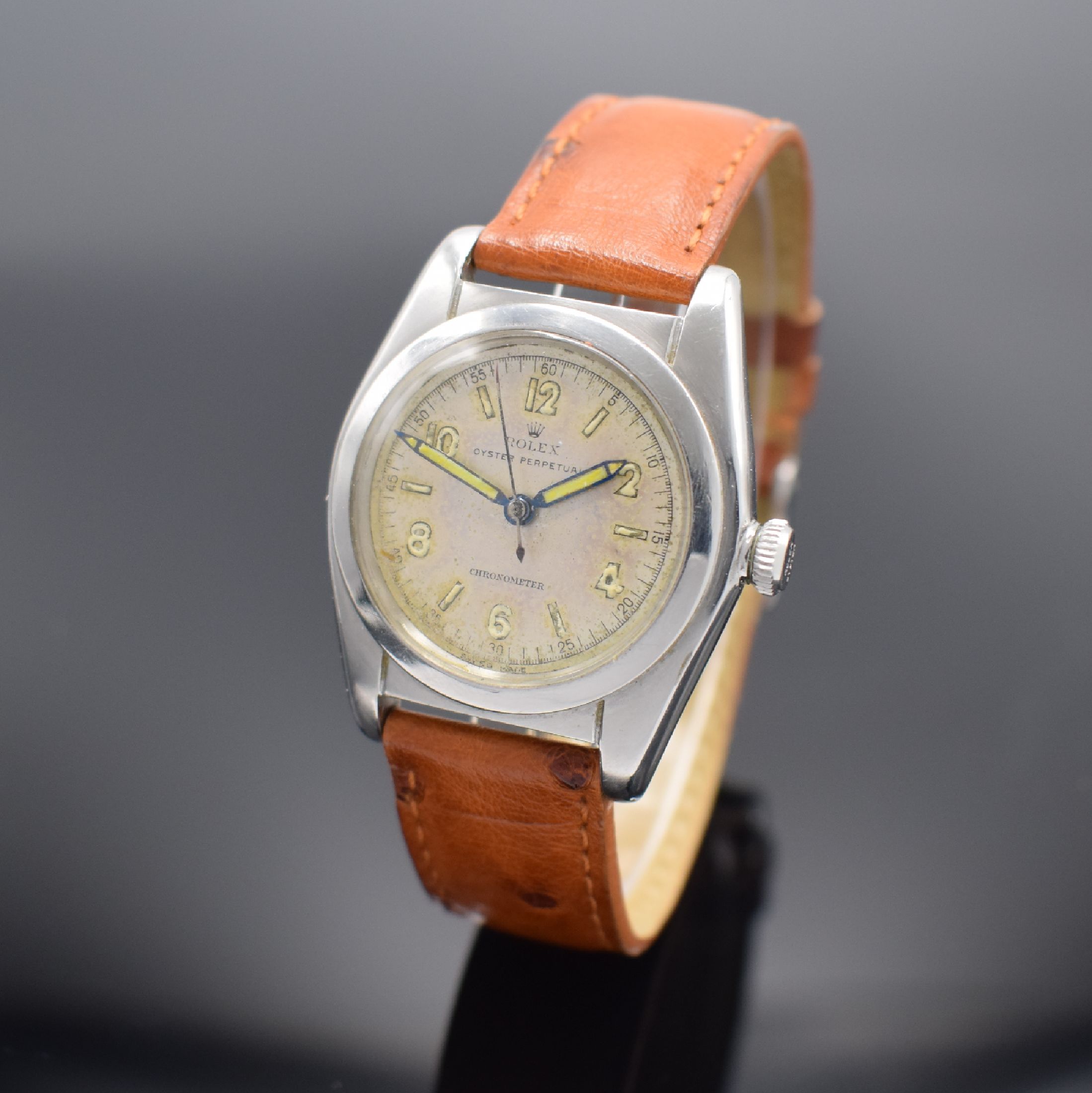 ROLEX Bubble Back Chronometer-Armbanduhr in Stahl, Schweiz um 1946, Automatik, verschr. Geh. m. glatter Lünette, verschr. orig. Krone, silb. ...