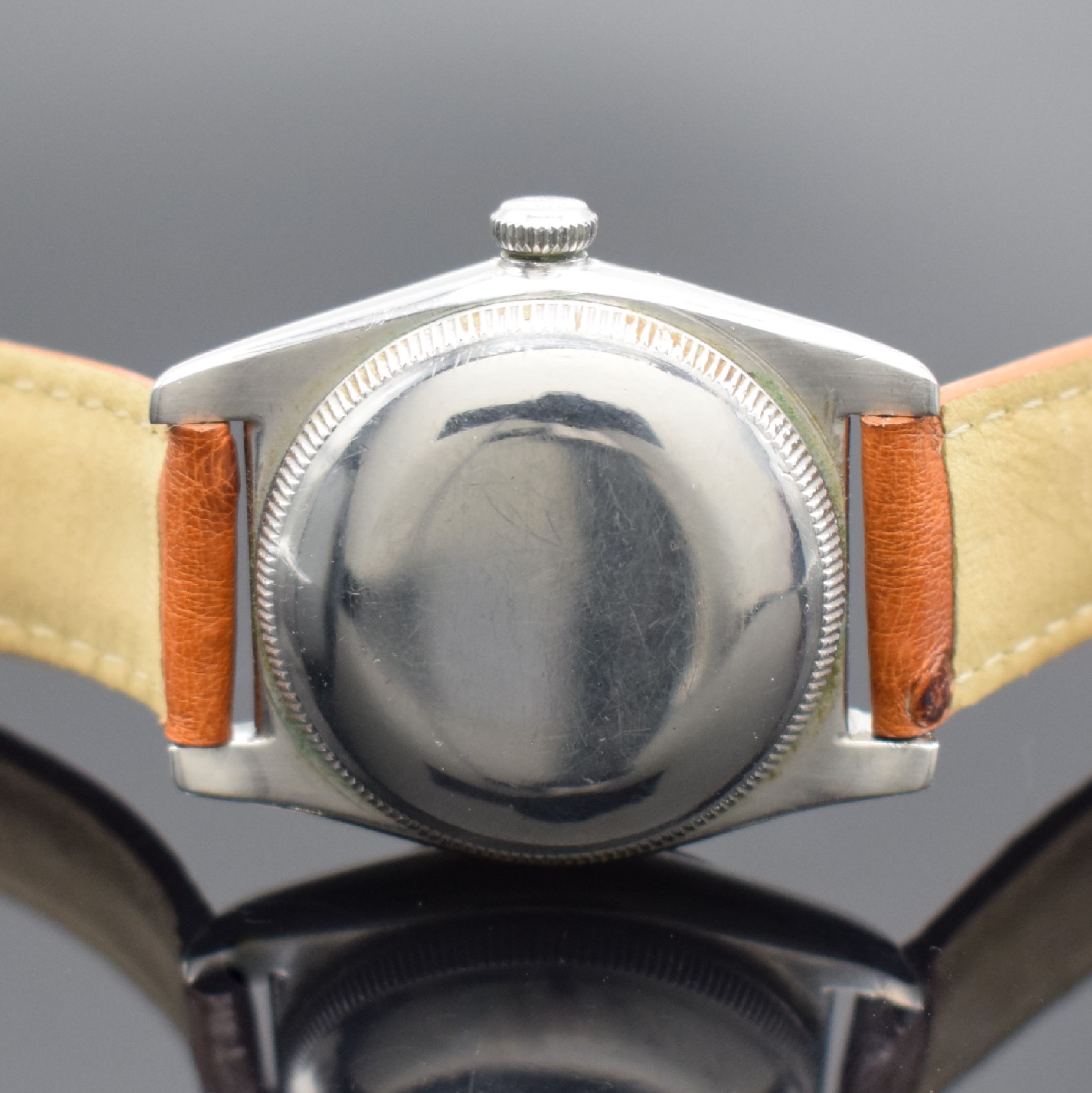 Detail c: ROLEX Bubble Back Chronometer-Armbanduhr in Stahl, Schweiz um 1946, Automatik, verschr. Geh. m. glatter Lünette, verschr. orig. Krone, silb. ...