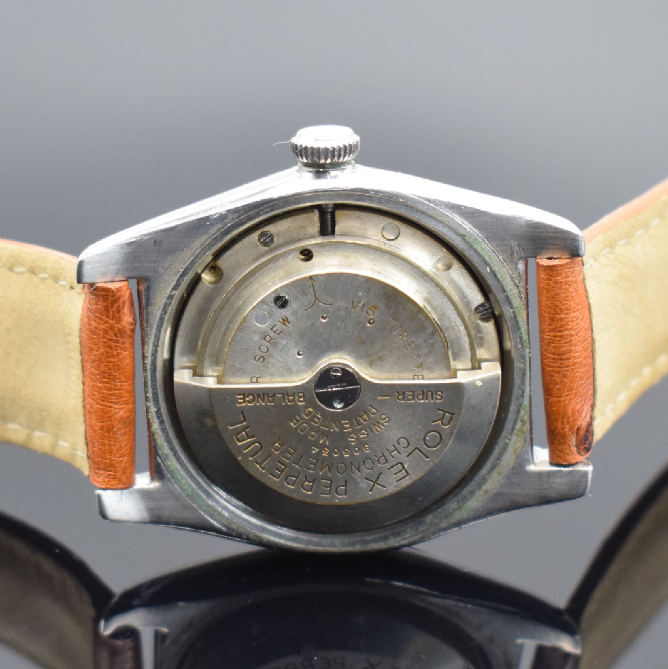Detail d: ROLEX Bubble Back Chronometer-Armbanduhr in Stahl, Schweiz um 1946, Automatik, verschr. Geh. m. glatter Lünette, verschr. orig. Krone, silb. ...
