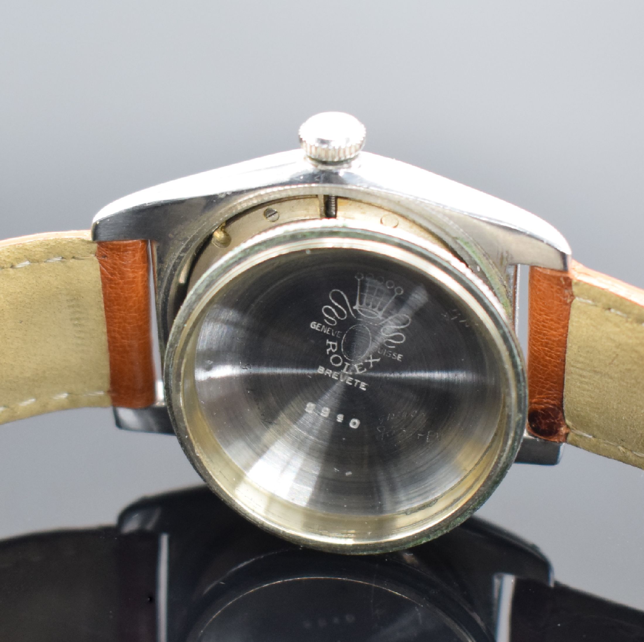 Detail f: ROLEX Bubble Back Chronometer-Armbanduhr in Stahl, Schweiz um 1946, Automatik, verschr. Geh. m. glatter Lünette, verschr. orig. Krone, silb. ...