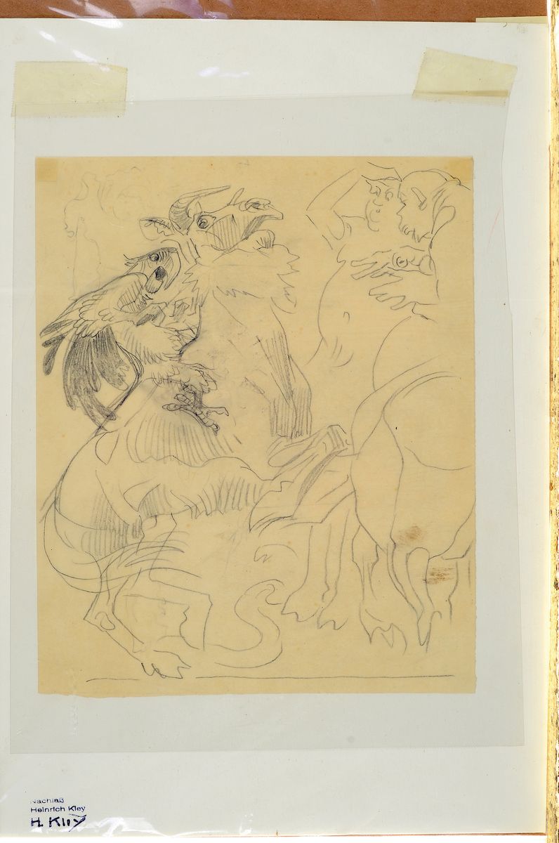 Detail k: Heinrich Kley, 1863 Karlsruhe-1945 München, Bleistiftzeichnung, Pferd, Papagei und Personen, Karikaturcharakter, links unten auf dem Unterlegkarton ...