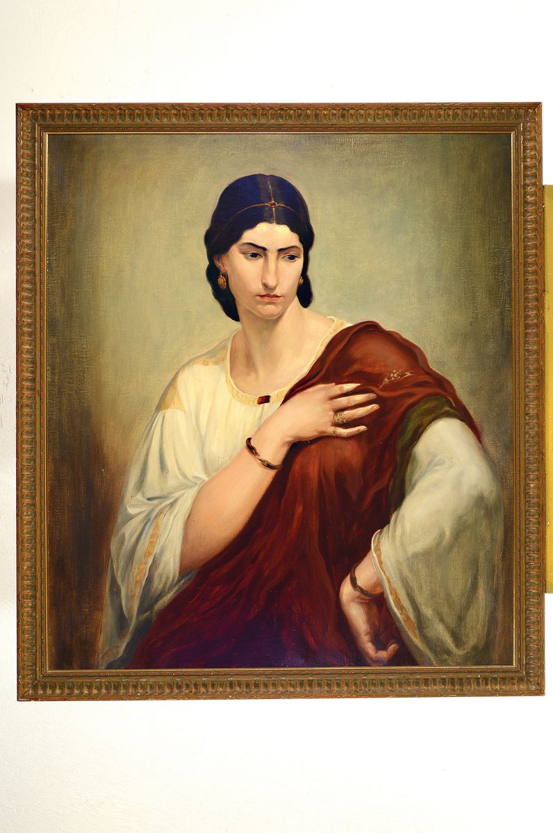 Detail k: Unbekannter Künstler, um 1900-1910, gekonnte Kopie nach Anselm Feuerbachs "Bildnis einer Römerin in weißer Tunika und rotem Mantel" ...