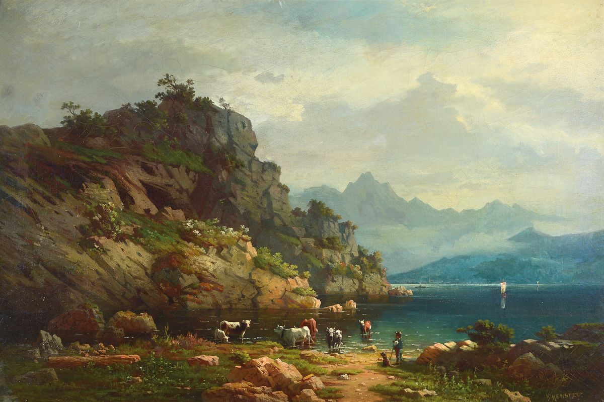 Hermann Hemstedt, deutsch, um 1839 - 1880, voralpine Seenlandschaft, am Ufer Hirte mit Viehherde bei der Tränke, verblauendes Bergpanorama im Nebel, ...