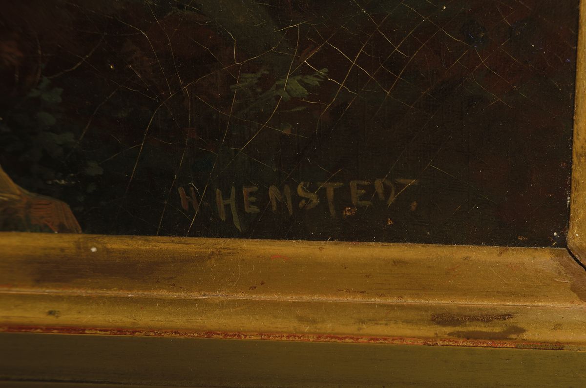 Detail a: Hermann Hemstedt, deutsch, um 1839 - 1880, voralpine Seenlandschaft, am Ufer Hirte mit Viehherde bei der Tränke, verblauendes Bergpanorama im Nebel, ...