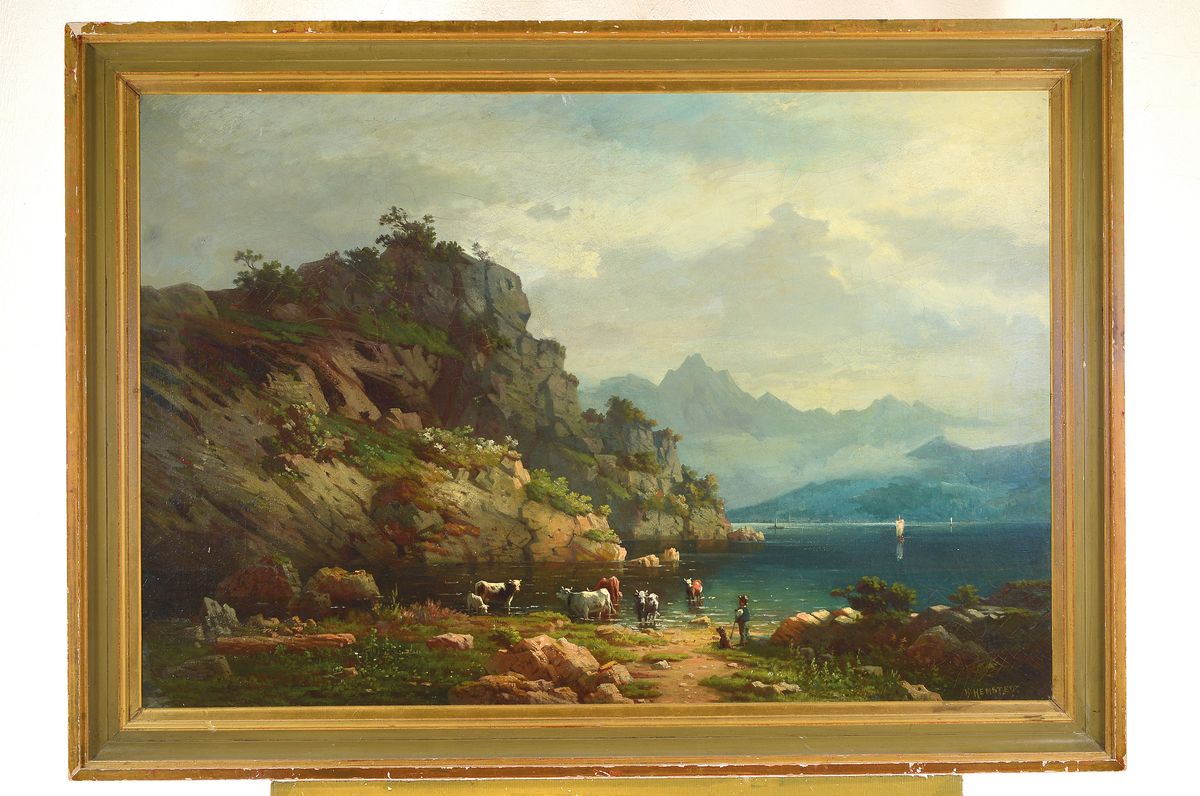 Detail k: Hermann Hemstedt, deutsch, um 1839 - 1880, voralpine Seenlandschaft, am Ufer Hirte mit Viehherde bei der Tränke, verblauendes Bergpanorama im Nebel, ...