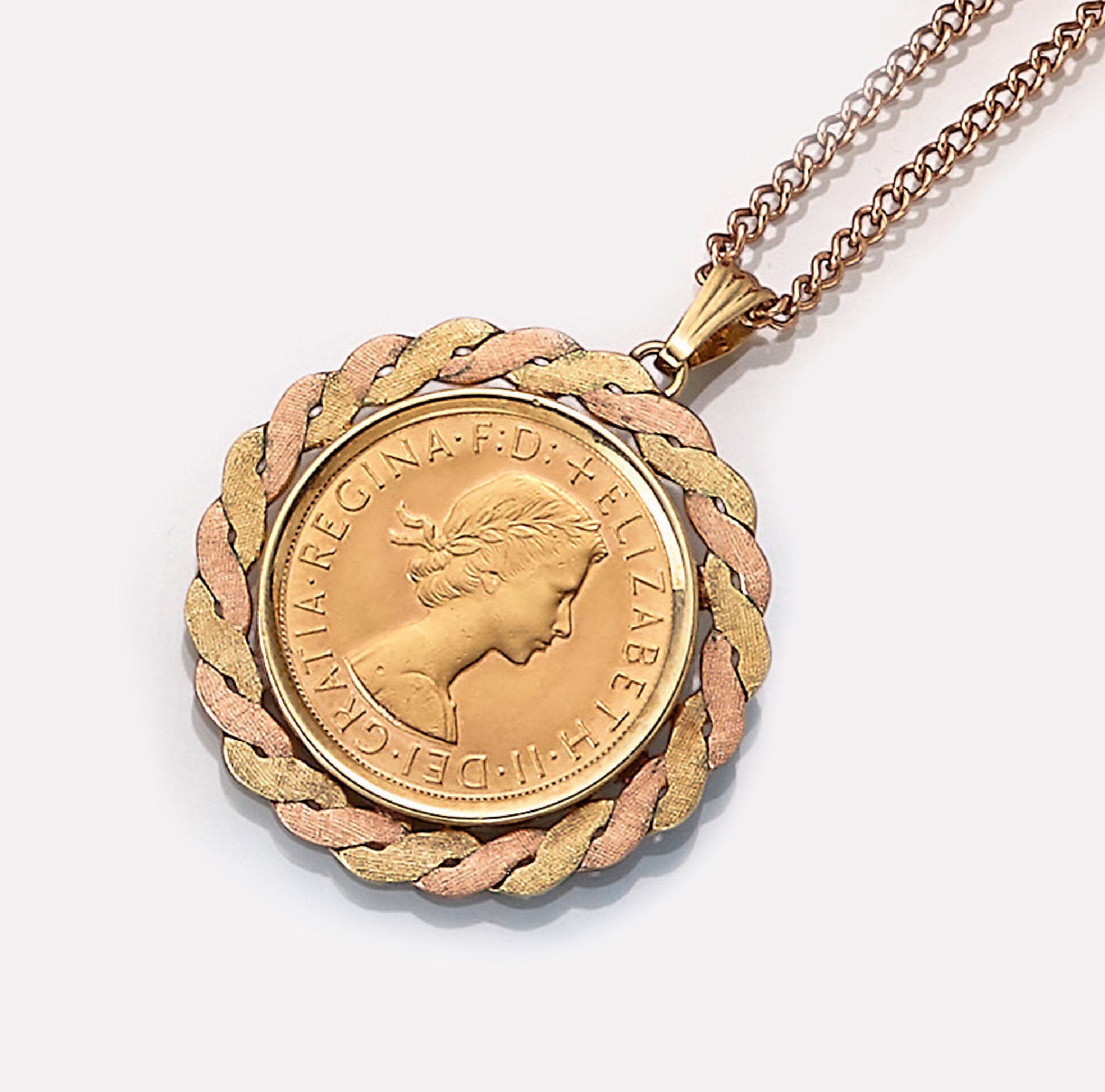 14 kt Gold Münzanhänger, GG/RG 585/000, 1 Sovereign, Elisabeth II, 1966, Fassung bicolorschauseitig sat., rückseitig pol., D. ca. 3 cm, an Kette ...